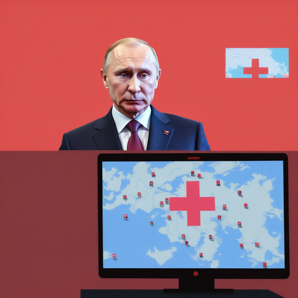 A split-screen image of Putin giving a televised address, with a serious expression, and a cartoonish illustration of a pixel being moved on a map, with a red 'X' marked through it, colorful, playful, humorous, 2k, trending on instagram