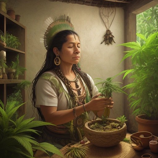 Mayan herbalist with cannabis plant and medicinal herbs