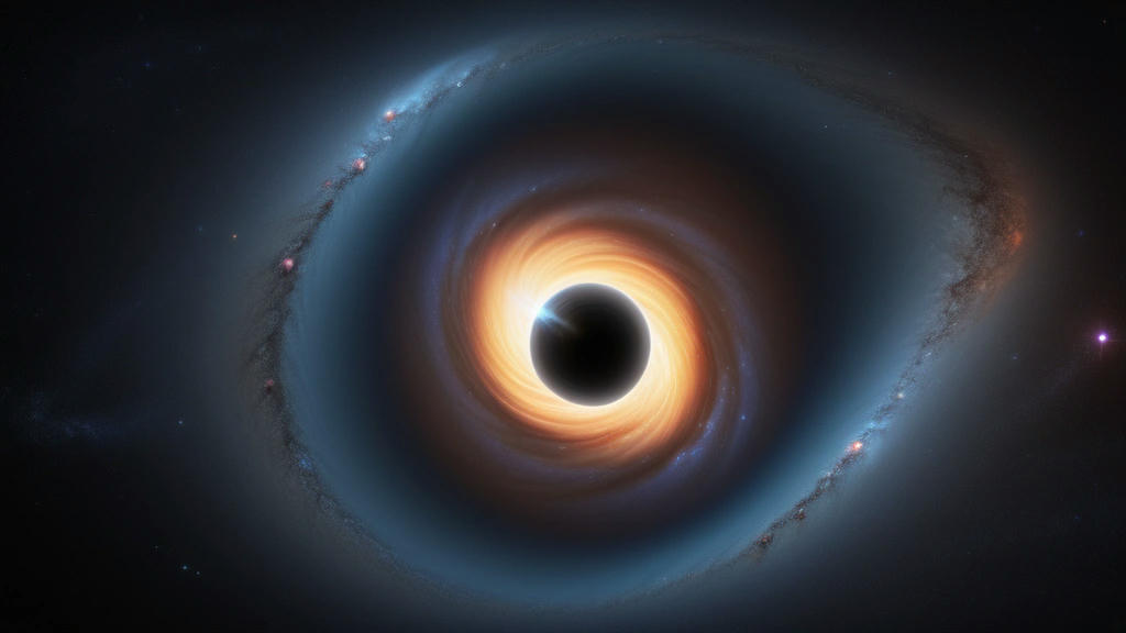 a detailed illustration of a black hole with accretion disk, gravitational lensing effect, and surrounding stars, highly realistic, scientific accuracy, art by NASA and ESA