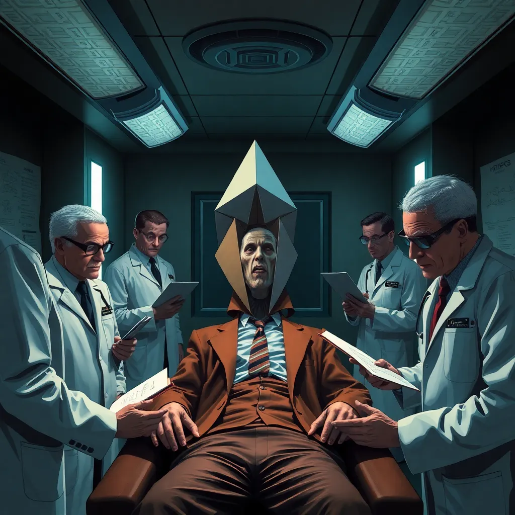a clandestine government medical room examining a deformed spy who has been folded into surreal angular shapes, doctors, physicists, and an origami expert surrounding him with clipboards and blueprints, fluorescent lights, dark comedic espionage mood, high detail realistic style