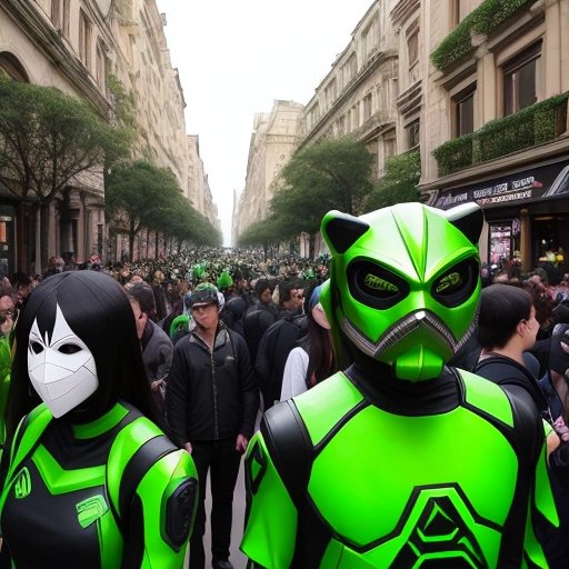 Crowded street with Nvidia-themed costumes