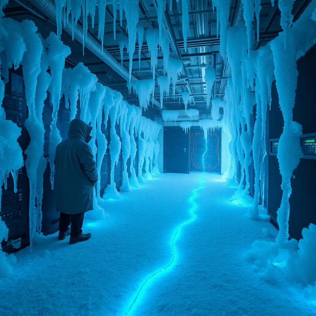 A futuristic computer server room covered in thick white frost and icicles, glowing blue graphene cables snaking across the floor, a scientist in a heavy parka looking at a monitor, cinematic lighting