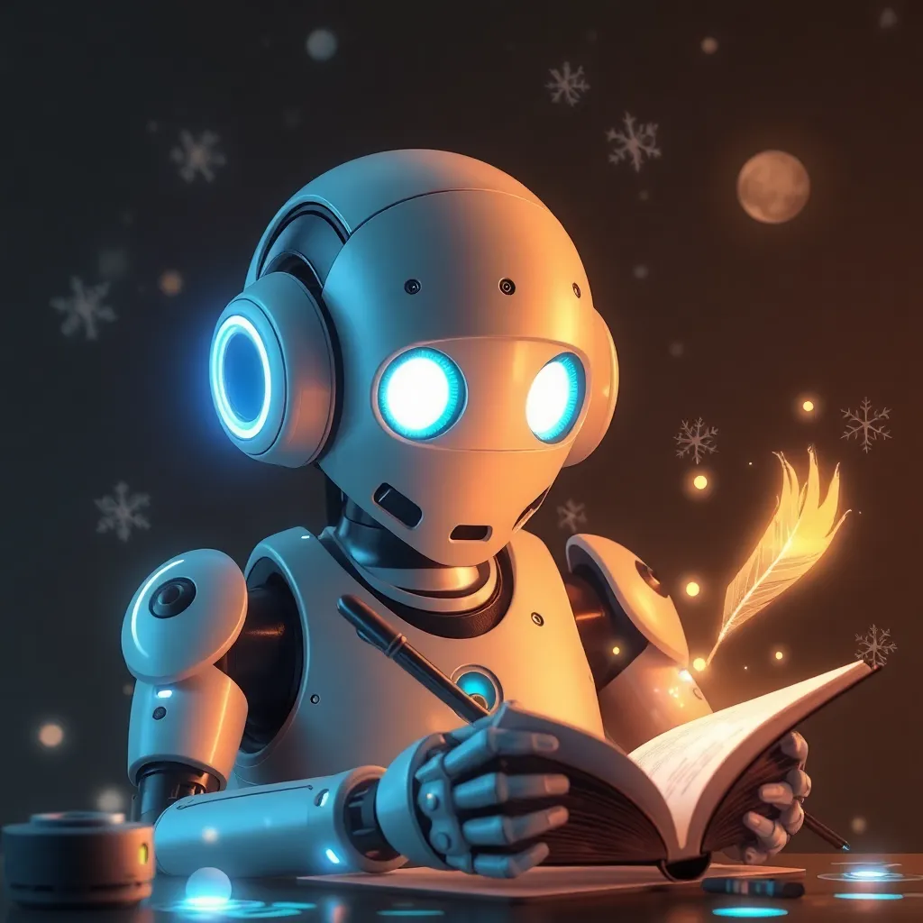 a futuristic AI robot with a quill pen, writing a story with a whimsical ending, surrounded by floating holographic story elements