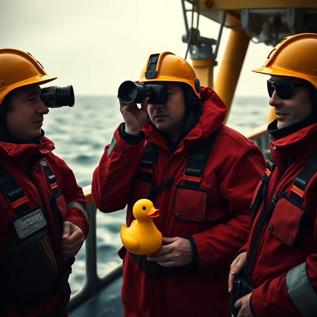 close-up cinematic scene on the deck of an oil tanker where anxious sailors in safety gear stare through binoculars at a single innocent-looking yellow rubber duck in choppy sea, high tension, realistic lighting, news documentary photography