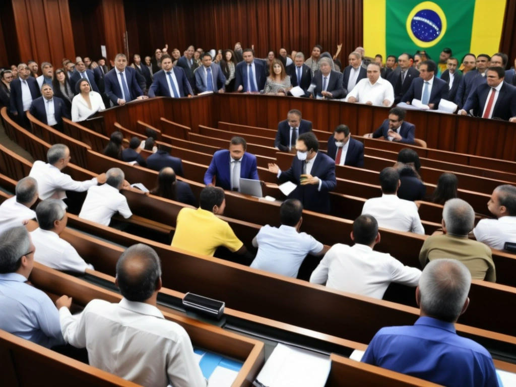 imagem de uma assembleia popular brasileira com cidadãos de diferentes raças e idades discutindo e votando em propostas políticas, com uma atmosfera de respeito e diálogo