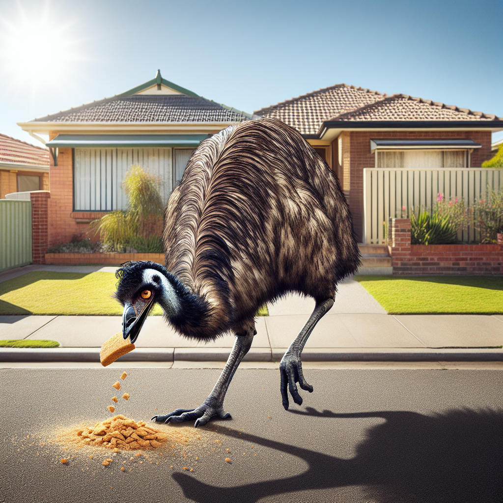 Emu next to a trail of breadcrumbs