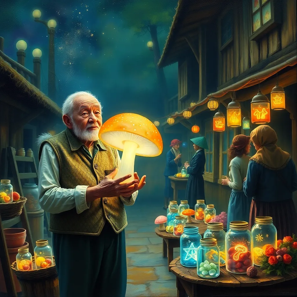A surreal village market where people are trading glowing mushrooms for jars of captured starlight, an old man in a traditional vest holding a giant neon mushroom, whimsical atmosphere, oil painting style