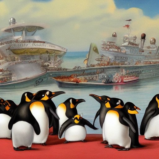 Penguins having tea on a yacht