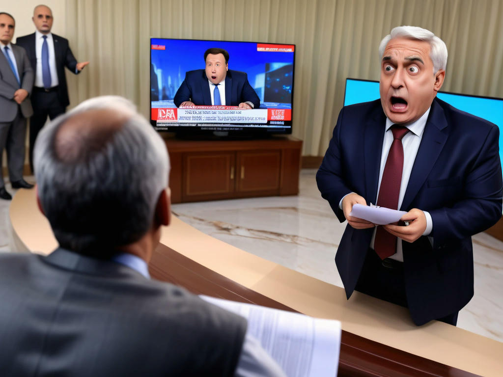 political analyst shaking head in disbelief while watching news of officials autographing bombs, TV screen showing the scene in the background