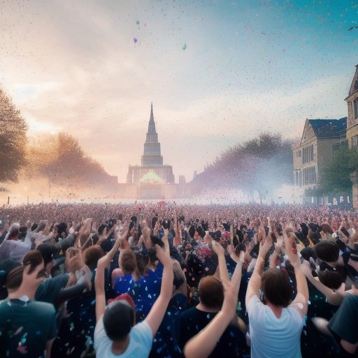 People throwing confetti, holding a noisemaker, and popping a champagne bottle