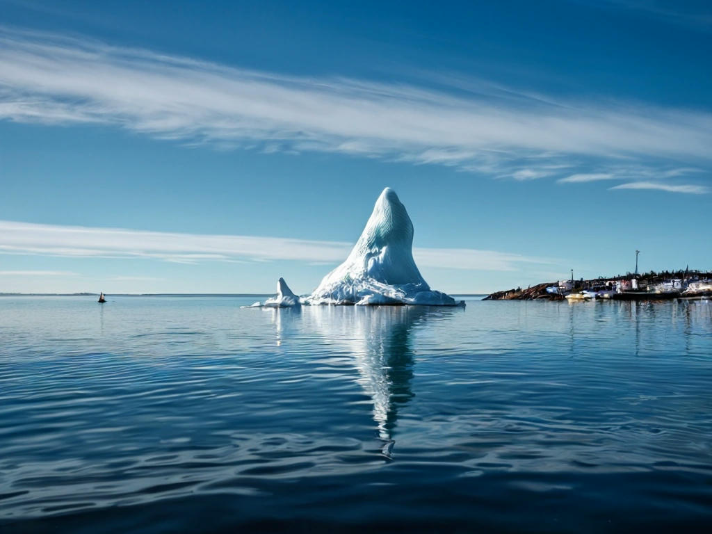 A photograph of the phallus-shaped iceberg floating in Conception Bay, with the town of Dildo in the background, clear blue skies, and a few seagulls flying overhead