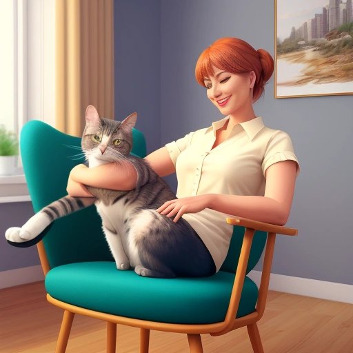 Catgirl hybrid with a cat on her lap