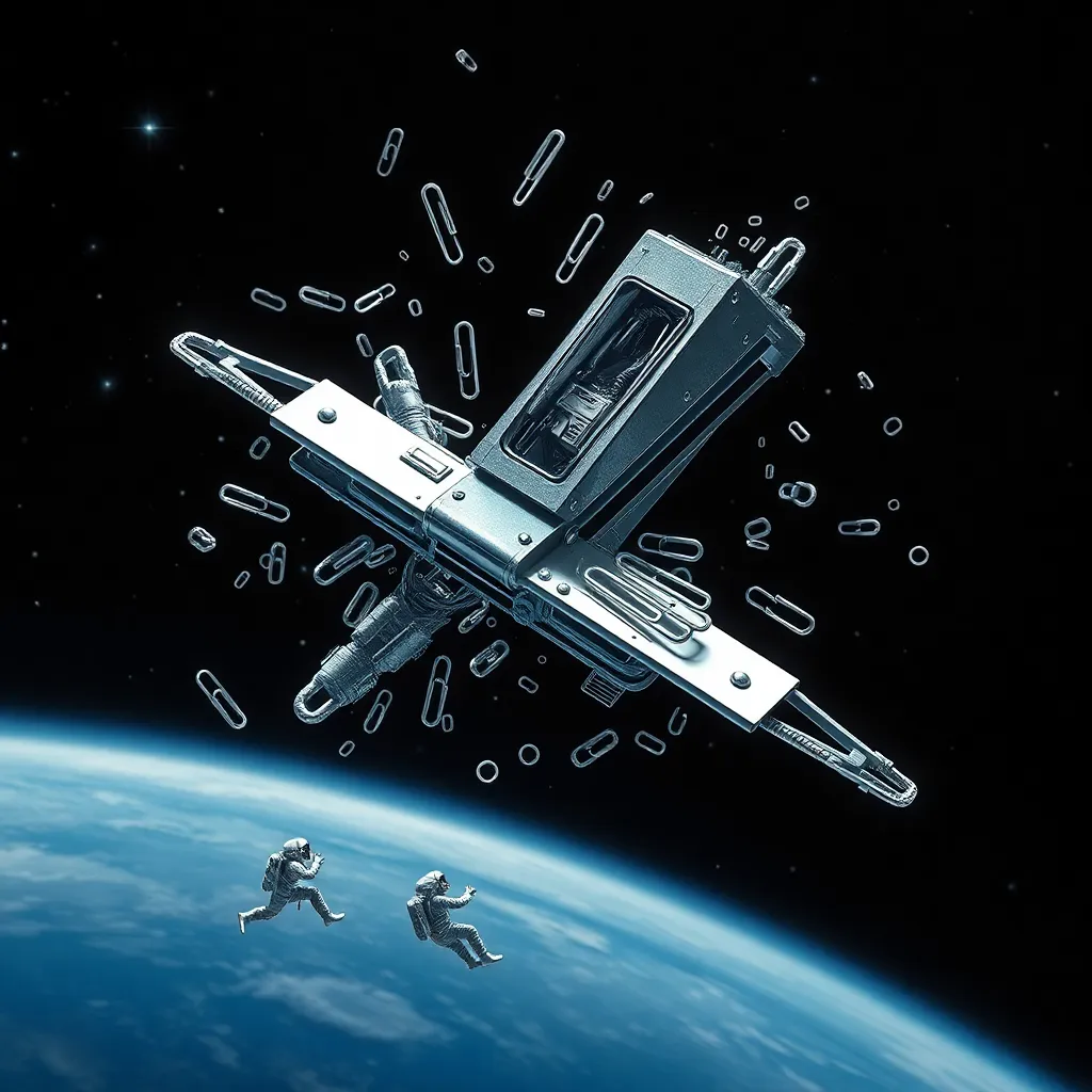 exploded spaceship constructed entirely of staplers and paperclips floating in space, with tiny pilots in EVA suits desperately trying to reassemble a bent staple into a functional warp core