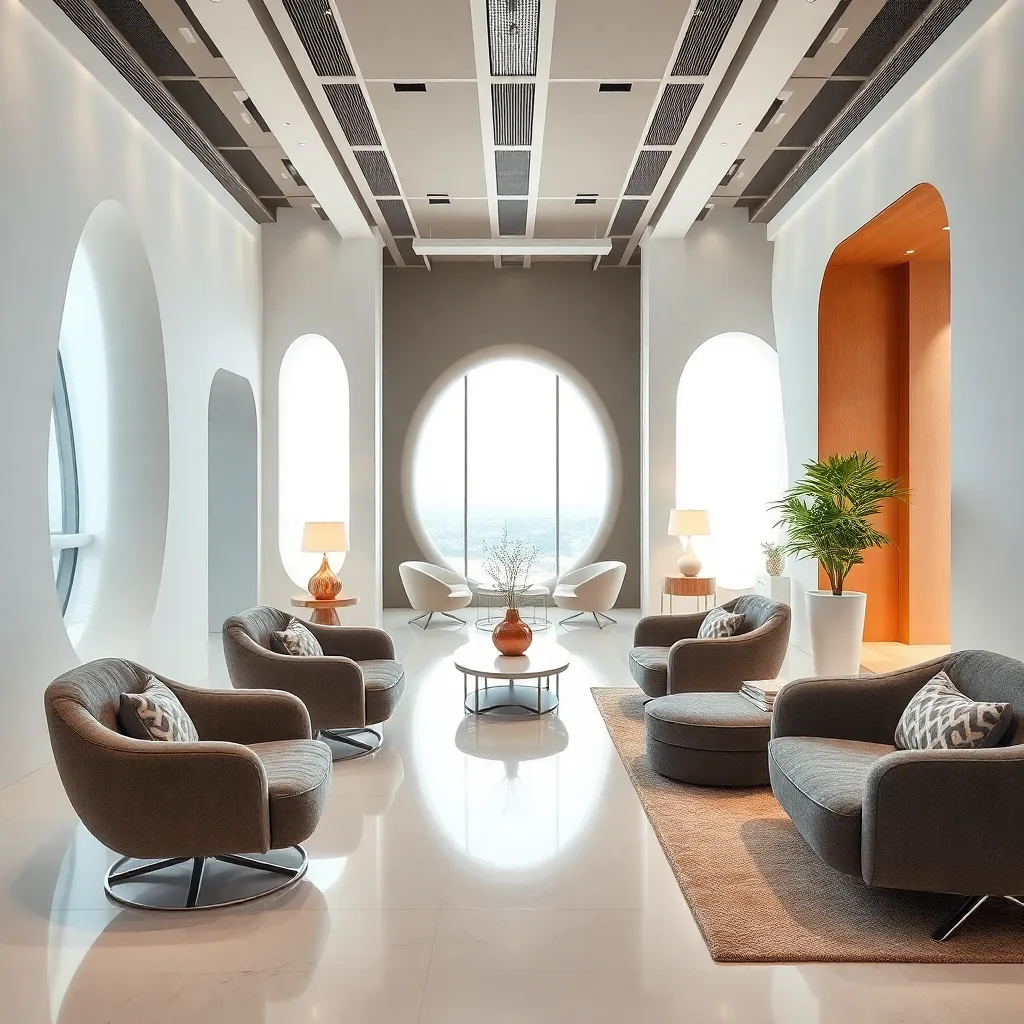 futuristic interior design showroom featuring furniture and architecture adapted for massively oversized human ears, curved chairs, special pillows with side trenches, wide doorframes, luxurious modern materials, bright architectural photography