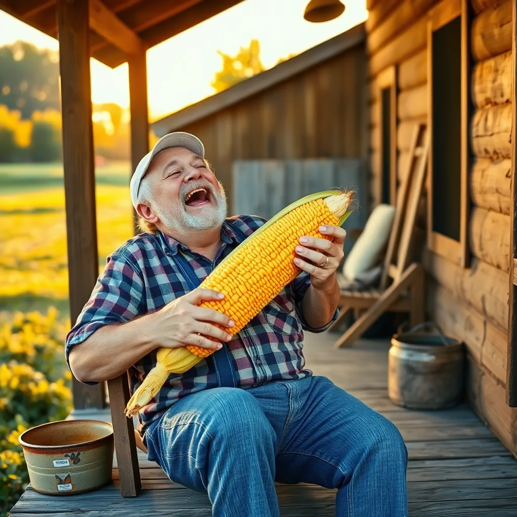 An old farmer sitting on a wooden porch laughing hysterically while holding a giant ear of corn, golden hour lighting, rural farm background
