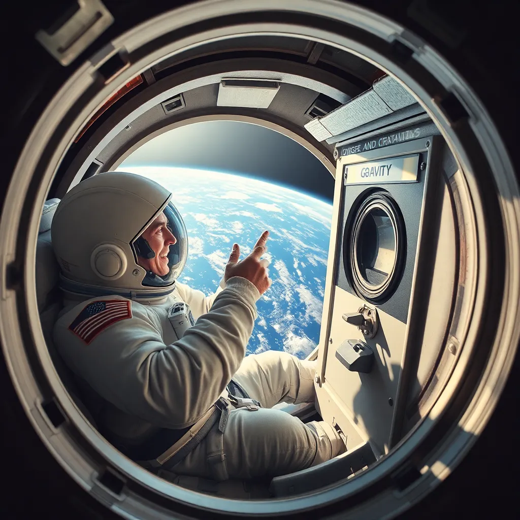An astronaut inside a space capsule frantically inserting quarters into a laundry-style coin slot labeled 'OXYGEN AND GRAVITY', Earth visible through the window