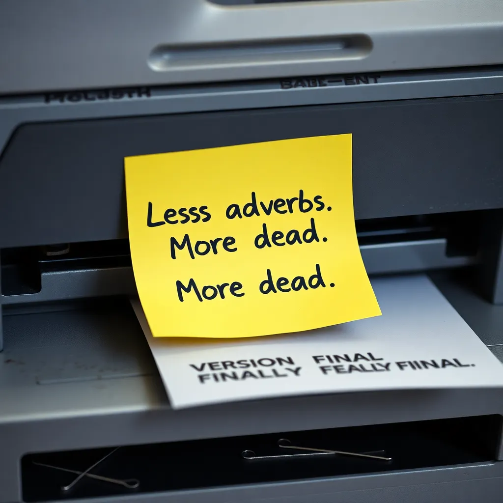 “Less adverbs. More dread.” post-it on the printer