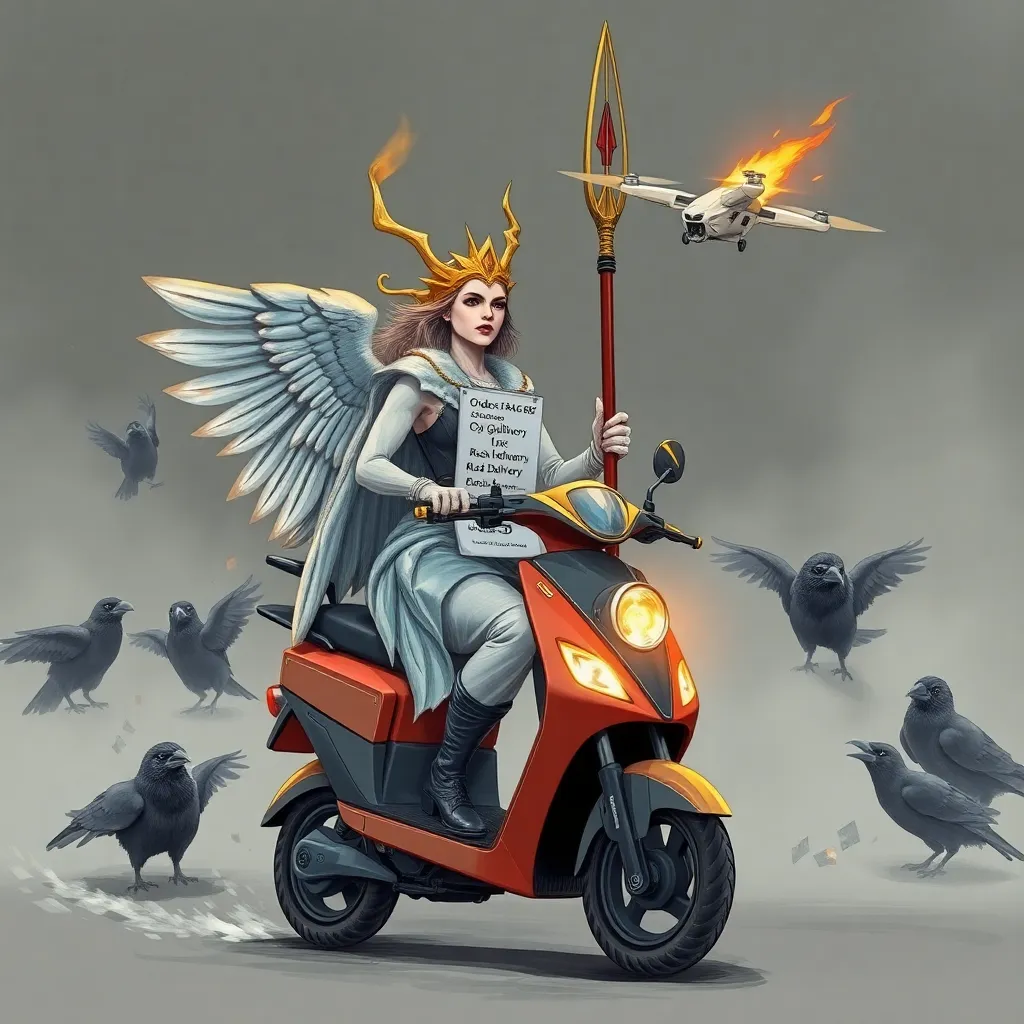 Valkyrie on electric scooter delivering a flaming spear via drone, clipboard showing 'Order #RAG-666: 1x Gjallarhorn, Rush Delivery', confused ravens taking selfies