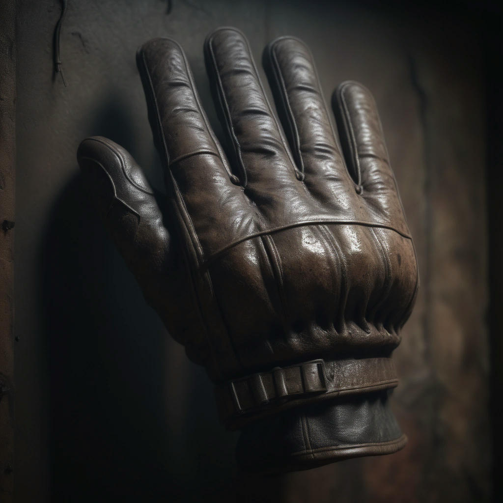 a rugged hand with prominent veins, grasping a worn leather glove, in a dimly lit, industrial setting, gritty, realistic, detailed, 4k, hyper-realistic, trending on cgsociety