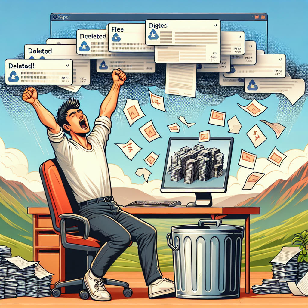 The triumphant user, now with ample digital space, surrounded by deleted file icons like trophies.