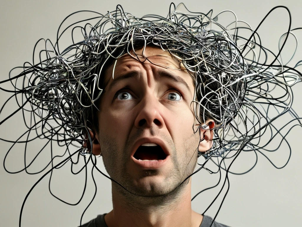 a person with a tangled mess of wires coming out of their head, looking confused and frustrated