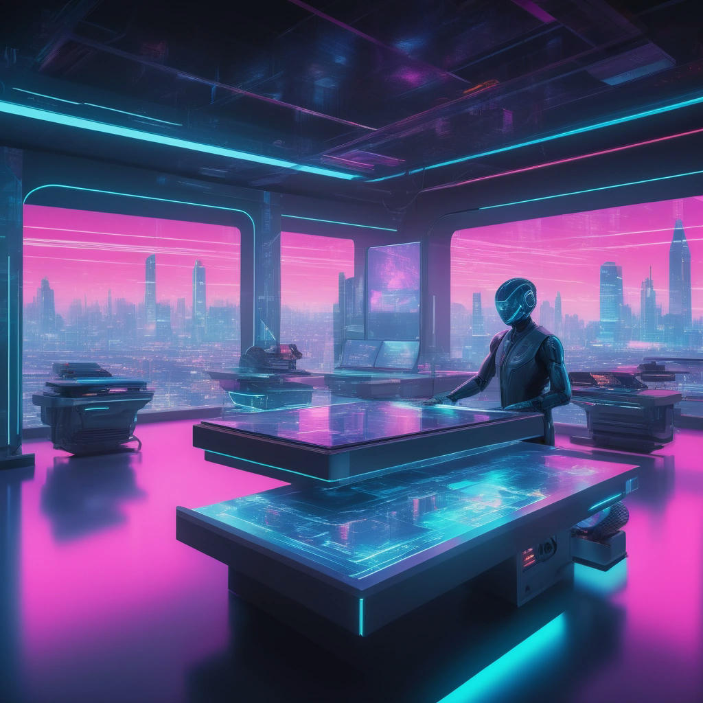 a futuristic illustration of a person working alongside a robot, surrounded by holographic screens and futuristic machinery, with a cityscape in the background, vibrant neon colors, sleek and modern style