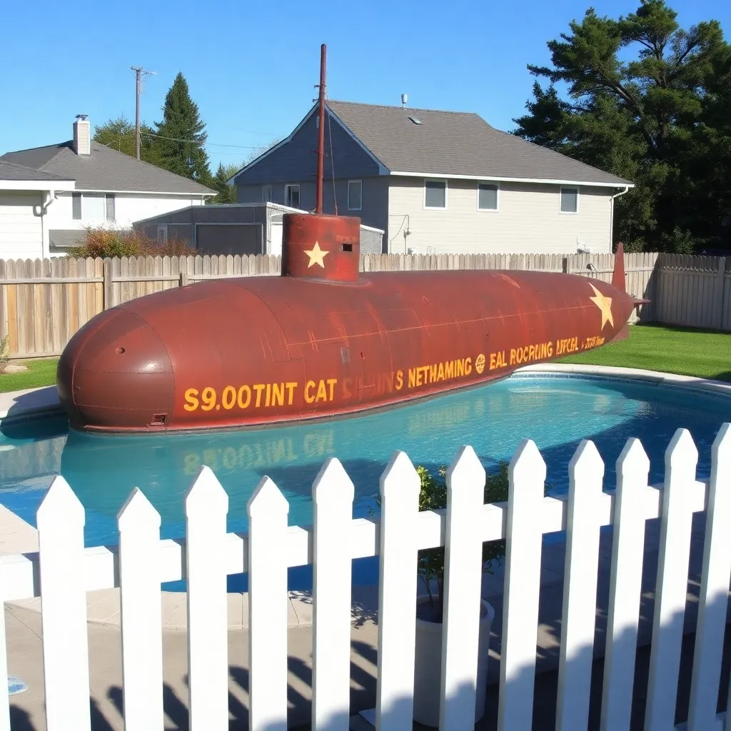 A massive rusted Soviet submarine squeezed into a small suburban backyard swimming pool, a white picket fence in the foreground, sunny day, absurd scale