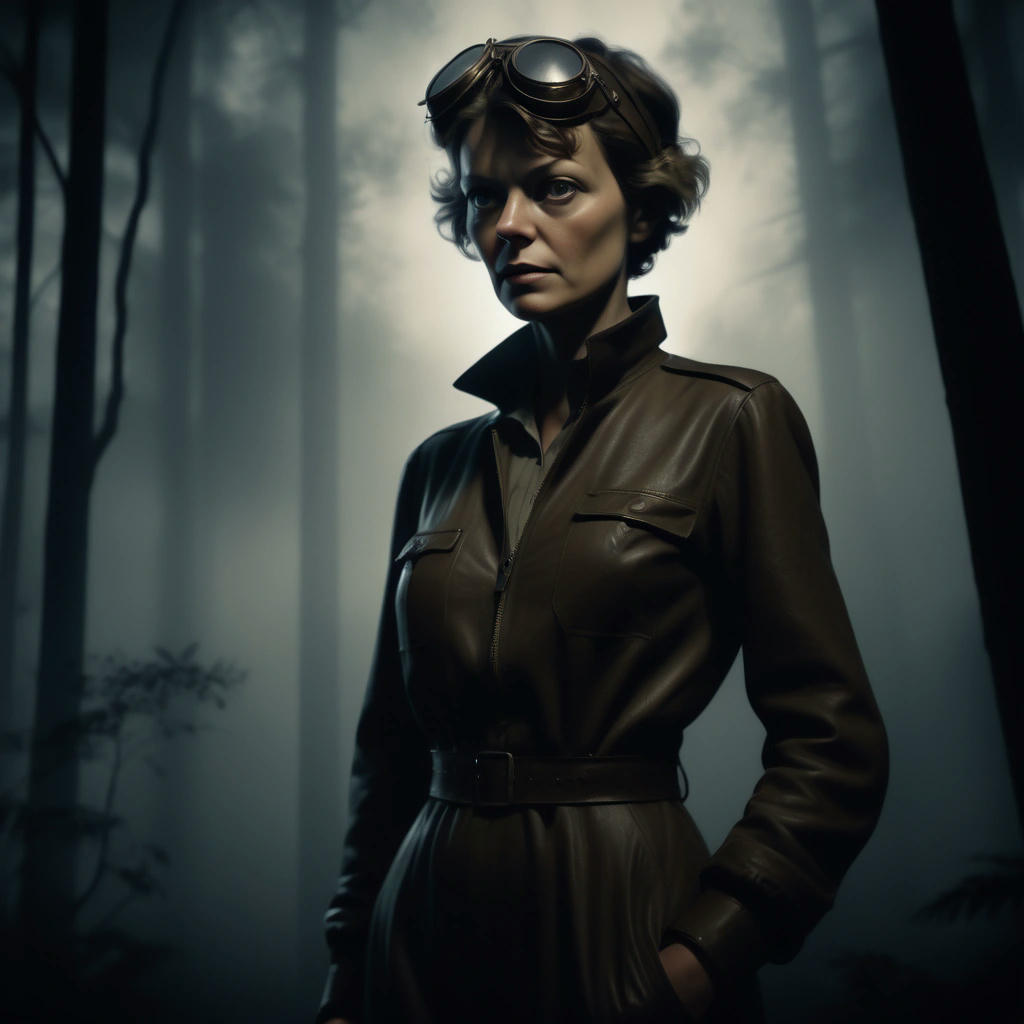 Amelia Earhart and the grue's fateful encounter in a dark forest – conceptual artwork.