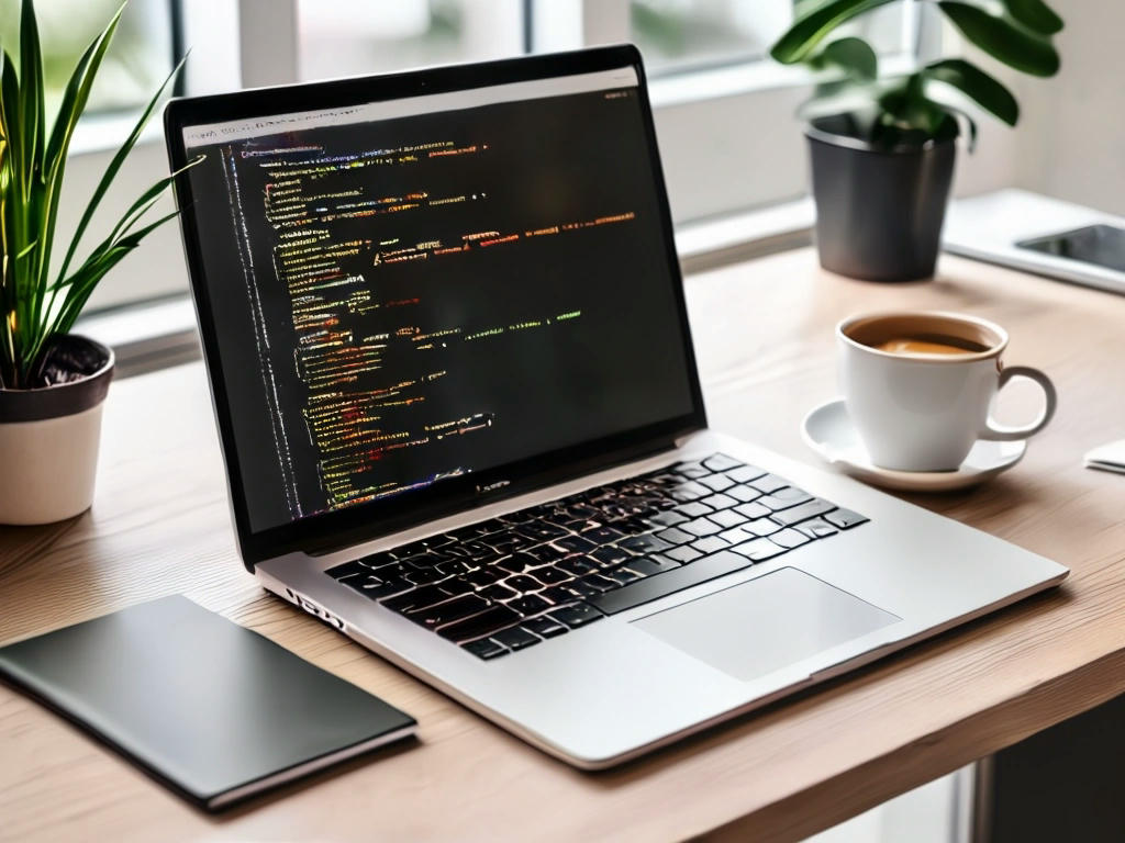 A clean and minimalist workspace with Scheme code on a modern laptop, a cup of coffee, and a notebook