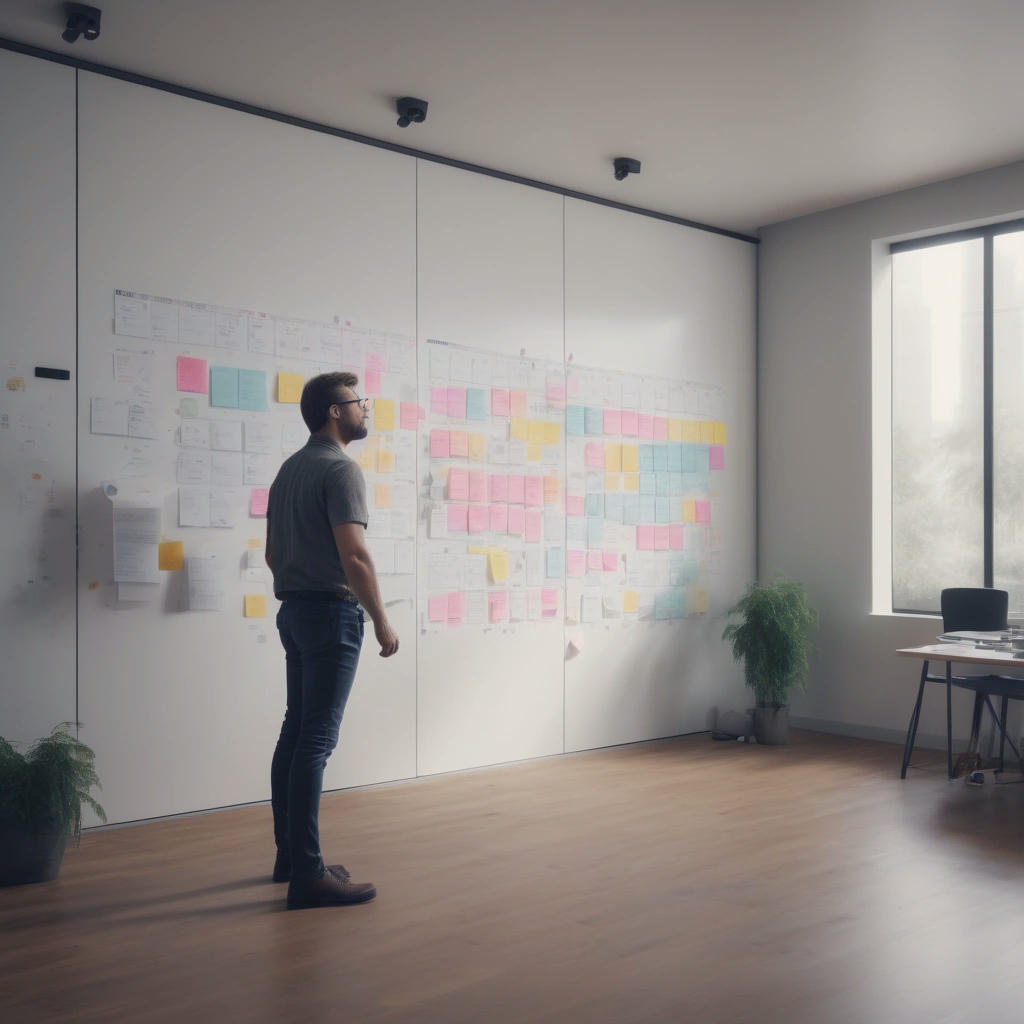 a product owner standing in front of a whiteboard, explaining the product backlog to the team, sticky notes and markers scattered around, modern office, natural light, high ceilings, trendy, 4k, cinematic lighting, hyperdetailed, photorealistic