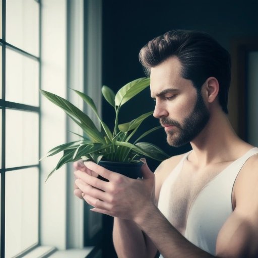 Man turning into houseplant