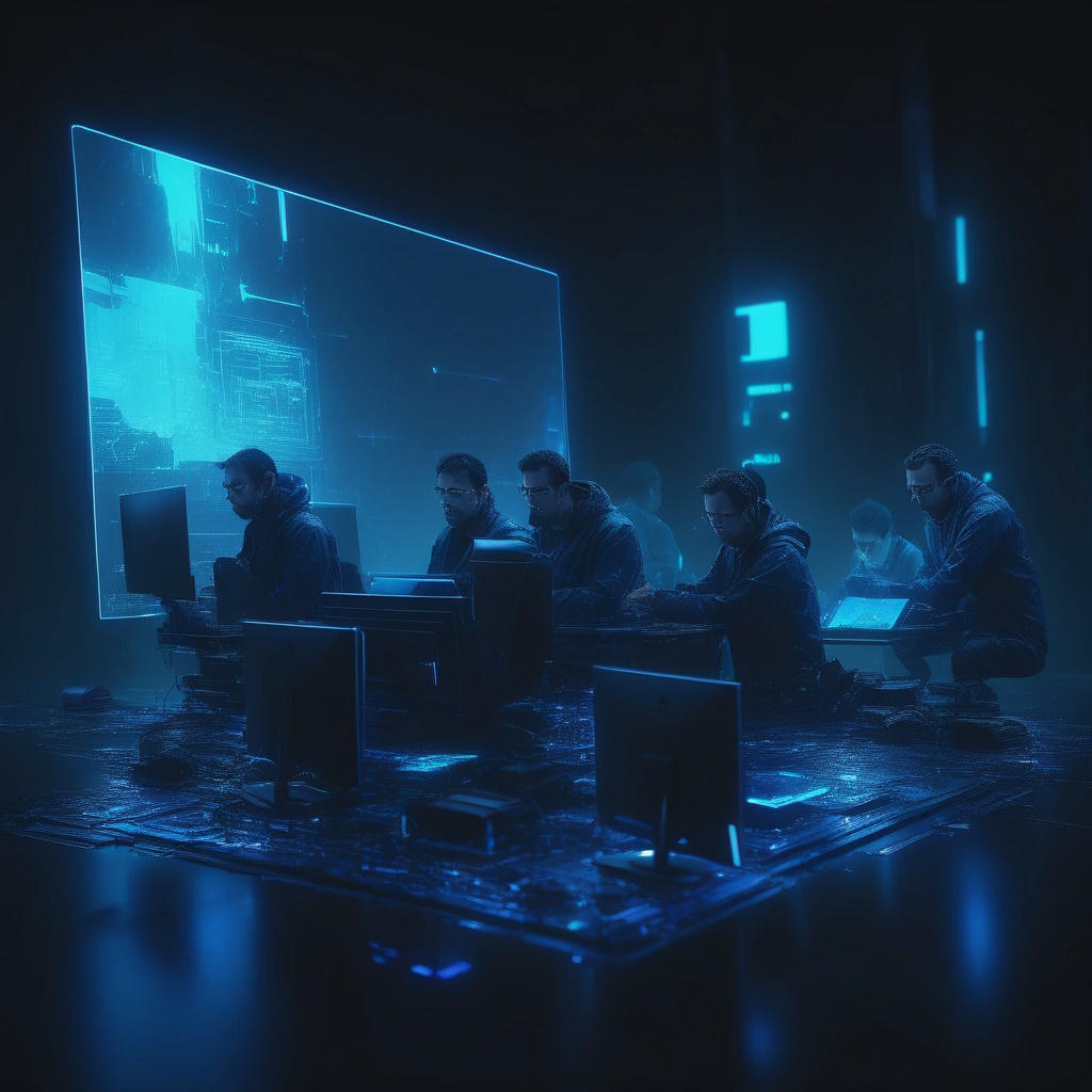 a group of Linux developers gathered around a computer screen, looking shocked and concerned, dark background, neon blue glow, futuristic, high-tech, glitch art, distorted, eerie, ominous, 4k, cinematic, trending on artstation