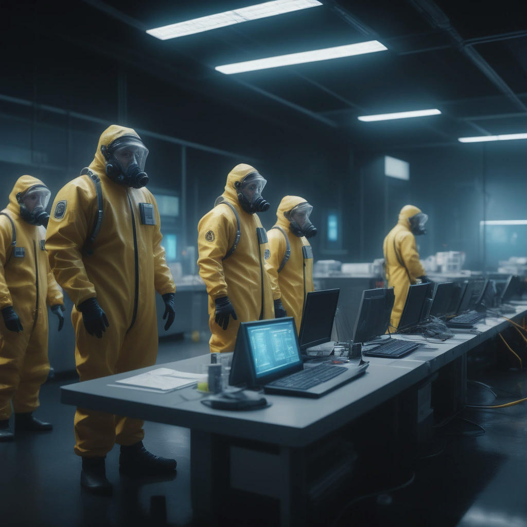 A group of scientists in hazmat suits, surrounded by computer screens and equipment, looking worried and confused, a sense of urgency and desperation, cinematic, 4K, hyper-realistic, trending on ArtStation