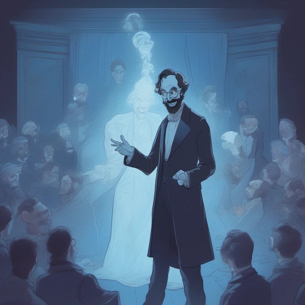 Steve Jobs pointing at a ghost in Victorian outfit