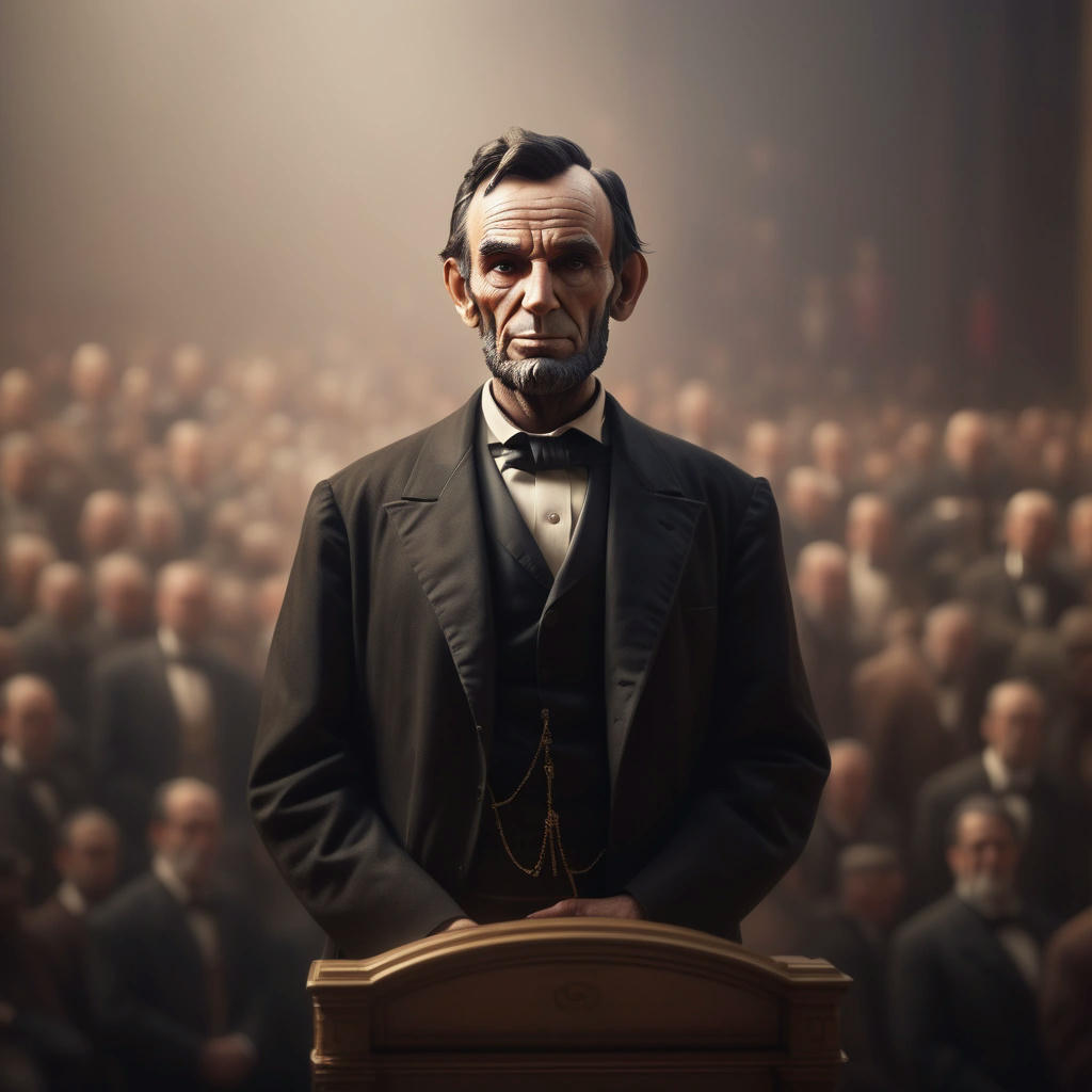 Abraham Lincoln standing at a podium, with a thoughtful expression on his face, in the background a crowd of people, warm colors, high detail, cinematic, trending on artstation