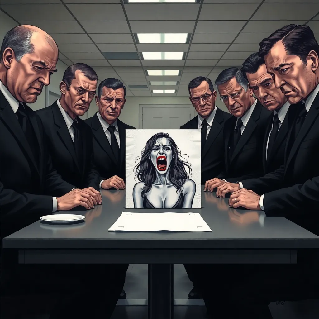 A group of grim-faced men in black suits standing around a cafeteria table, staring intensely at a single paper napkin that has a hyper-realistic 2D drawing of a screaming woman on it, sterile government facility setting