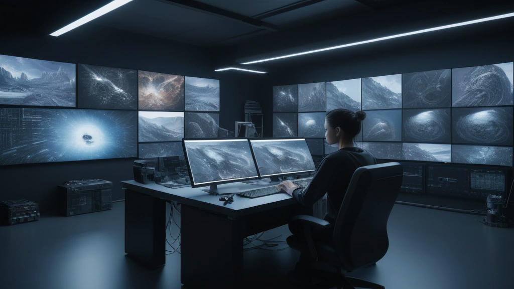 AI-generated image of a digital artist working on a computer, multiple screens displaying different AI art tools, high-tech studio, futuristic, high quality, intricate details