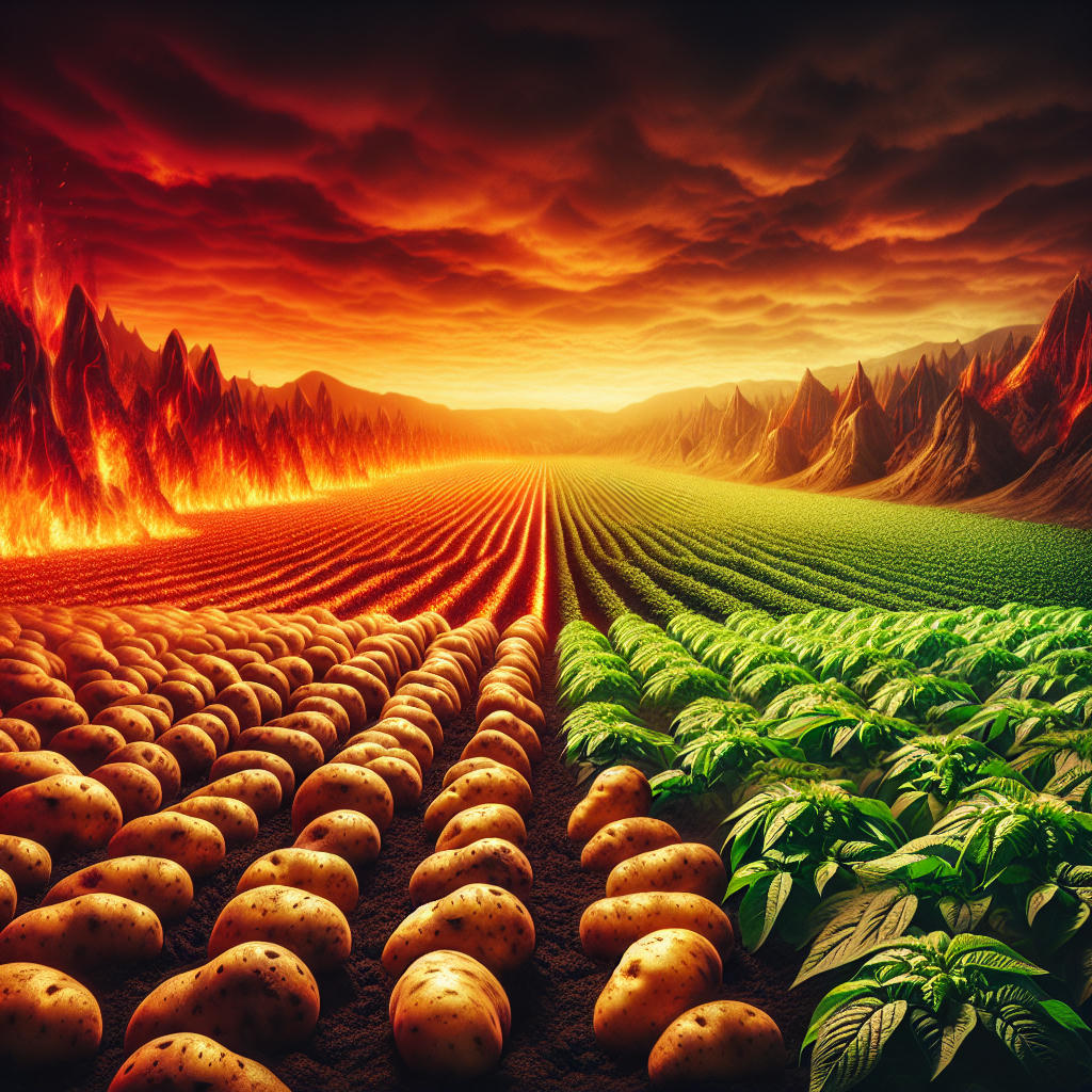 a surreal depiction of Hell being transformed into a potato field, fiery background, high quality, extremely detailed, photorealistic, dramatic lighting