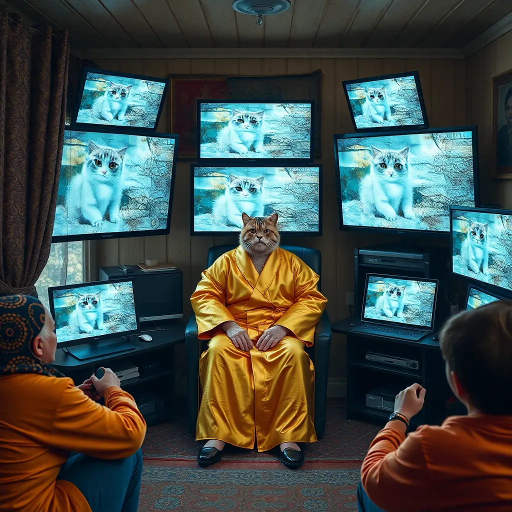 A Ukrainian village mayor in a golden bathrobe streaming cat videos on 10 screens, surrounded by luxury gadgets, while outside the window villagers are trying to catch Wi-Fi signals with fishing rods, surreal style
