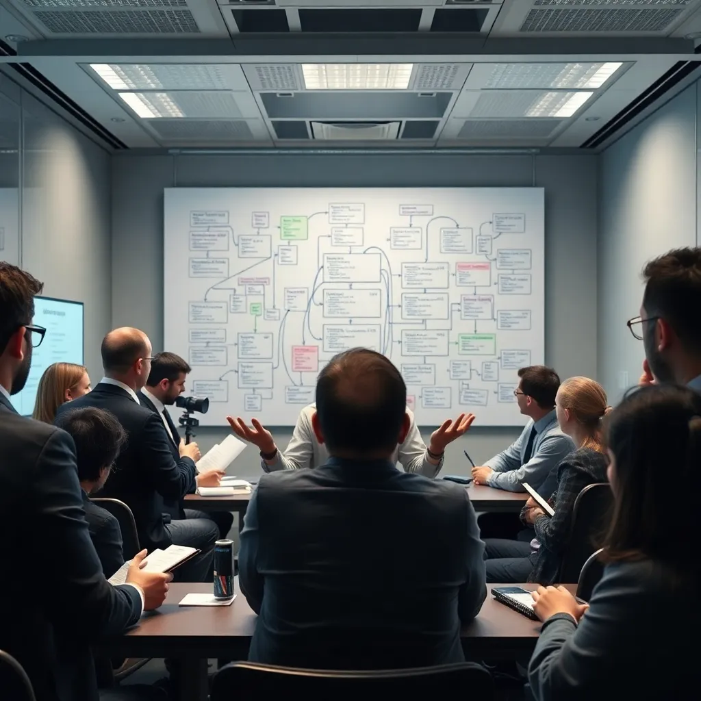 press conference in a modern tech company, exhausted programmers, one developer defending bizarre code architecture with chaotic diagrams behind him, journalists taking notes, mood of disaster and absurd professionalism, cinematic realism