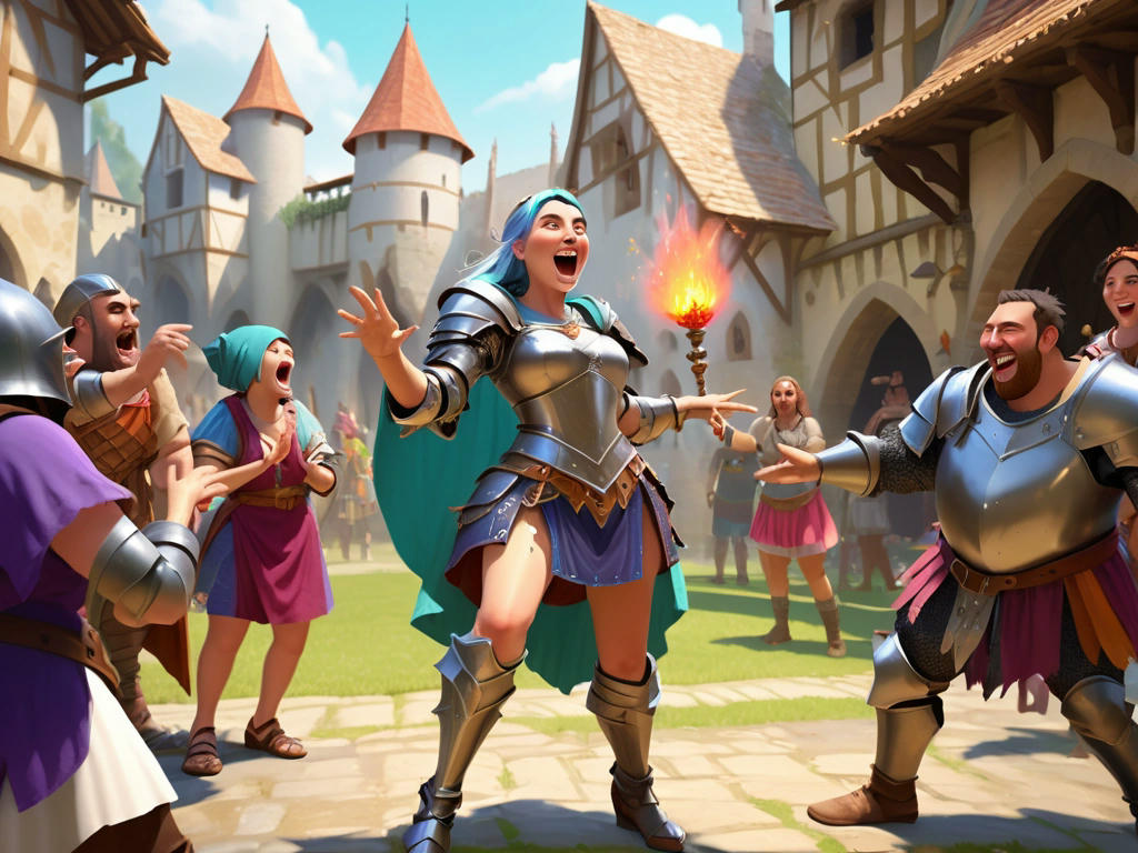 a sorceress casting a spell on a knight, turning his armor into oversized shorts, with villagers laughing in the background, in a colorful medieval setting