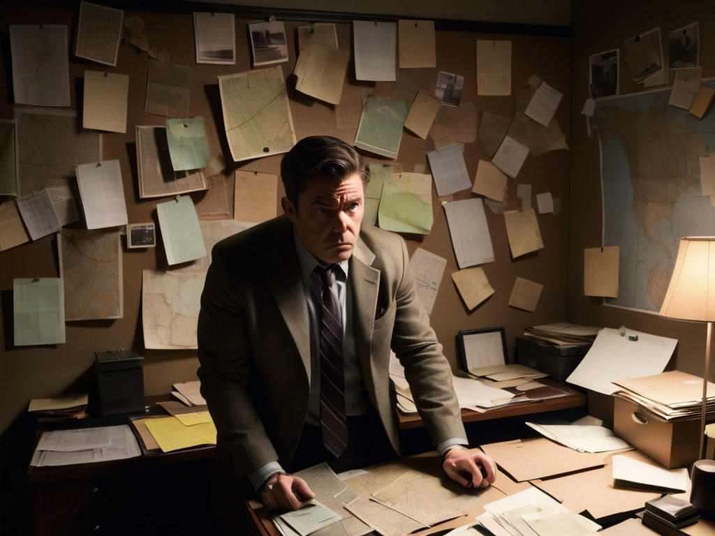 a detective in a dimly lit office, surrounded by maps and photos pinned to a corkboard, looking frustrated