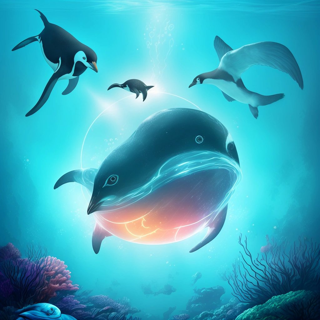 Penglaxian penguin-like creature swimming among deep-sea creatures