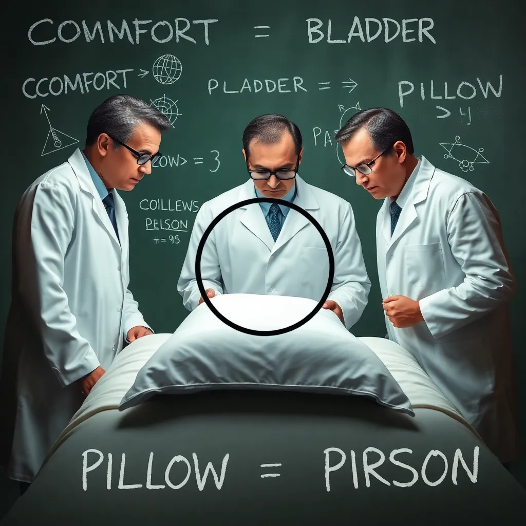 Three scientists in lab coats staring intensely at a single bedsheet corner under a magnifying glass, surrounded by complex chalkboard equations reading 'COMFORT > BLADDER' and 'PILLOW = PRISON'