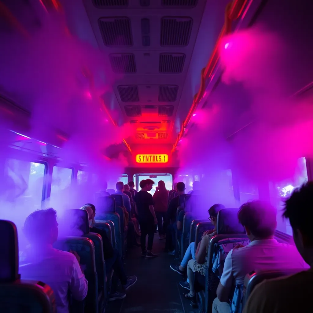 Interior of a high-tech bus filled with thick purple smoke and red emergency strobe lights, passengers looking confused and silhouettes of people dancing in the aisles, hyper-realistic style.