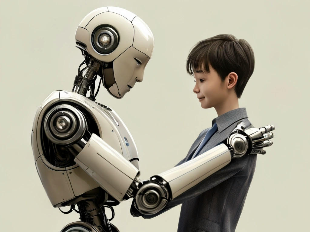 a robot attempting to give a hug to a human, looking awkward and stiff