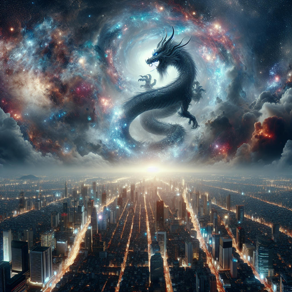 a surreal cosmic scene with a kaiju emerging from a rift in space above Tokyo, stars and galaxies in the background, ethereal lighting, highly detailed, otherworldly