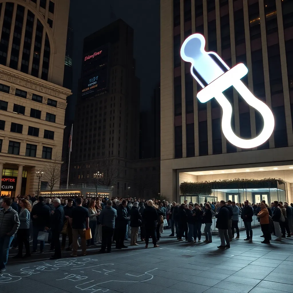 nighttime city square with giant glowing pacifier projection on a building, crowds gathered solemnly while arguing about queue positions, chalk drawings near escalator entrance, surreal urban civic ritual, cinematic lighting