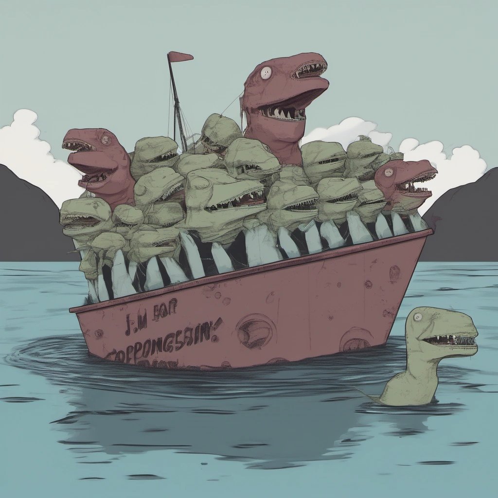 Sinking ship with dinosaur puppets rising from the water