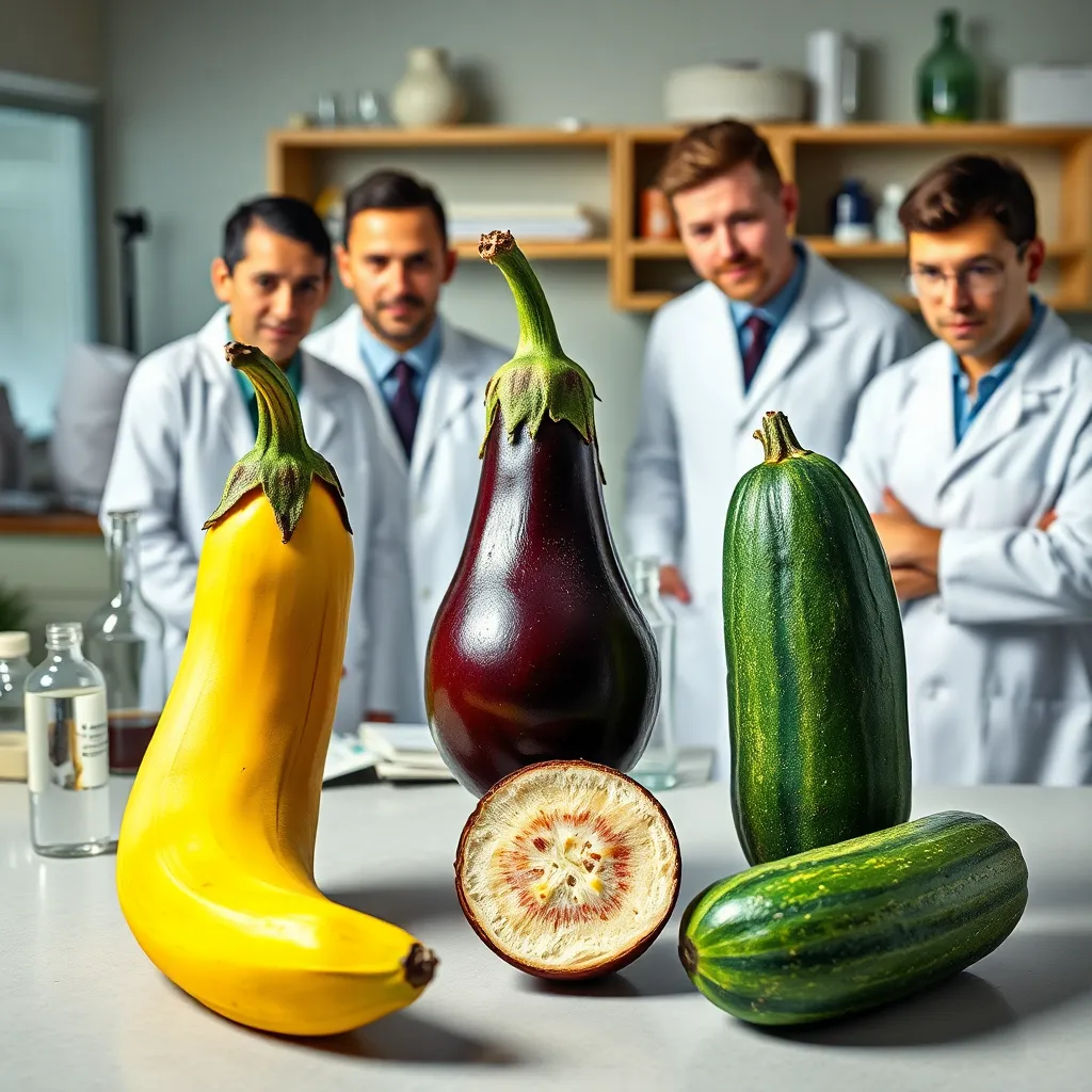 a collection of phallus-shaped objects including a banana, eggplant, and cucumber, displayed on a laboratory table, surrounded by curious scientists